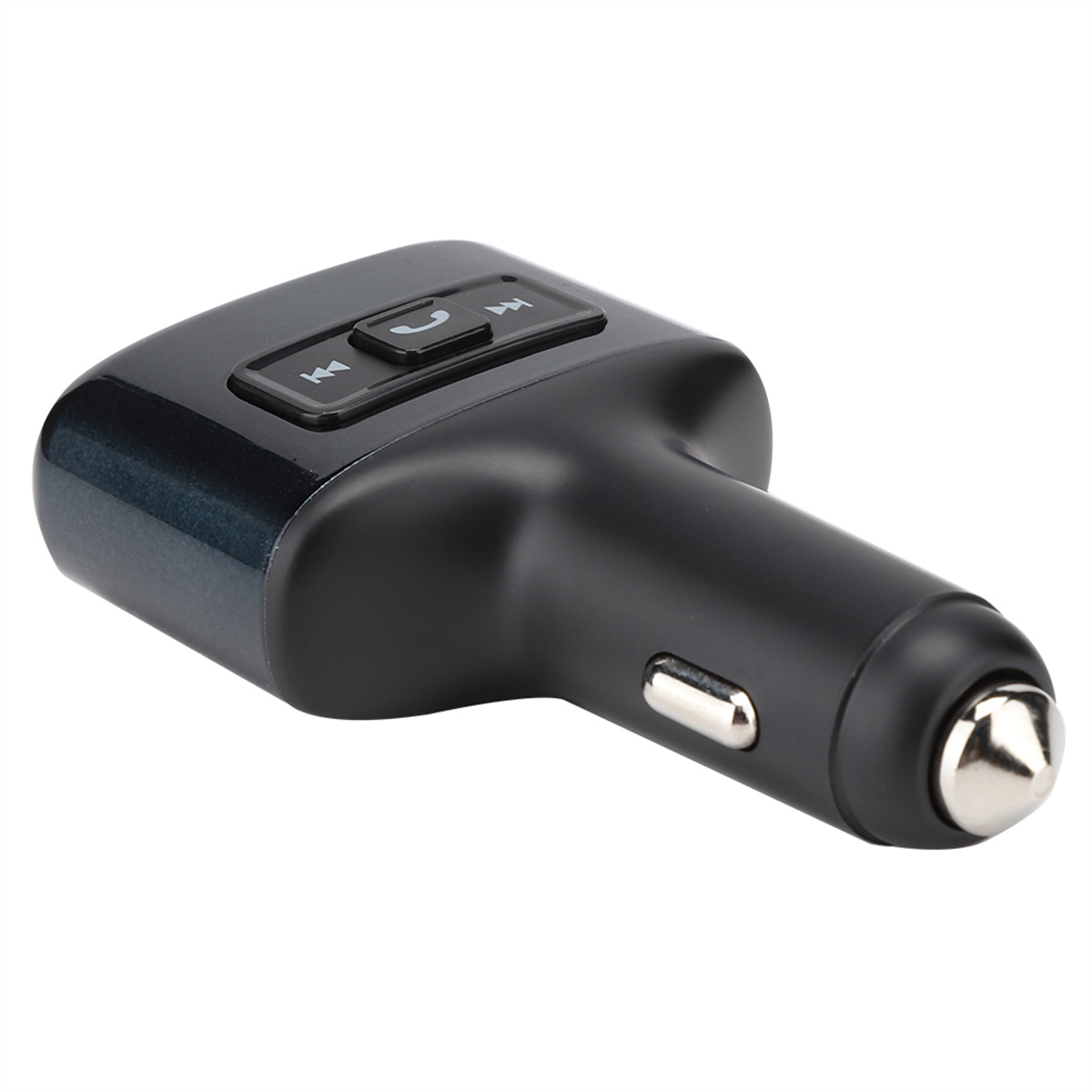 Schwarzes Autoladegerät mit Medientasten. USB-Anschluss an der Seite.