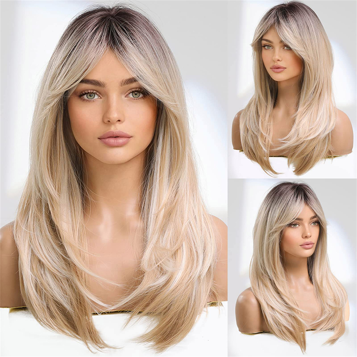 Frau mit langem blondem Haar, gestuftem Stil und Pony, mit mehreren Variationen der Perückenanzeige.