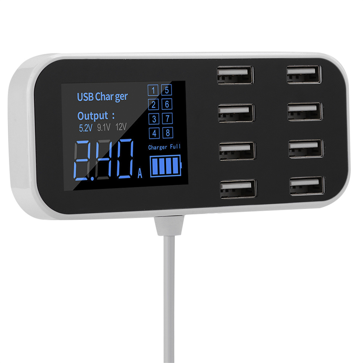 Weißes USB-Ladegerät mit LCD-Bildschirm, der die Ausgabe anzeigt, mit mehreren USB-Anschlüssen.