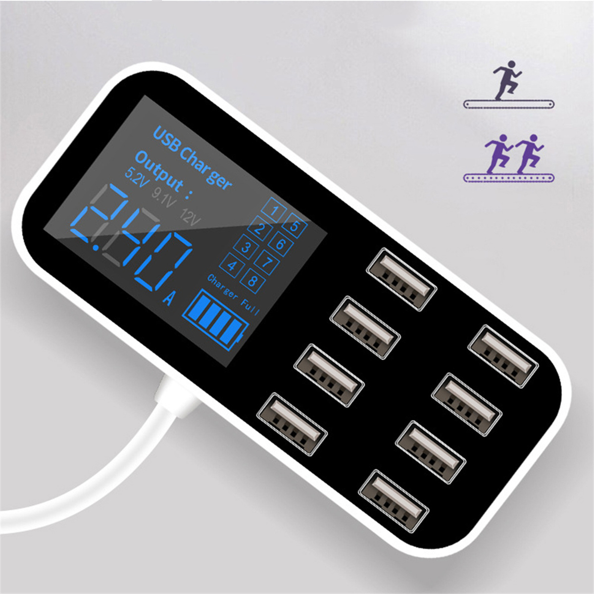 Schwarzes USB-Ladegerät mit Digitalanzeige und mehreren USB-Anschlüssen.