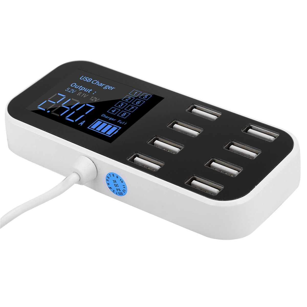 Ein weißes und schwarzes USB-Ladegerät mit 8 Anschlüssen zeigt Leistung und Strom an.