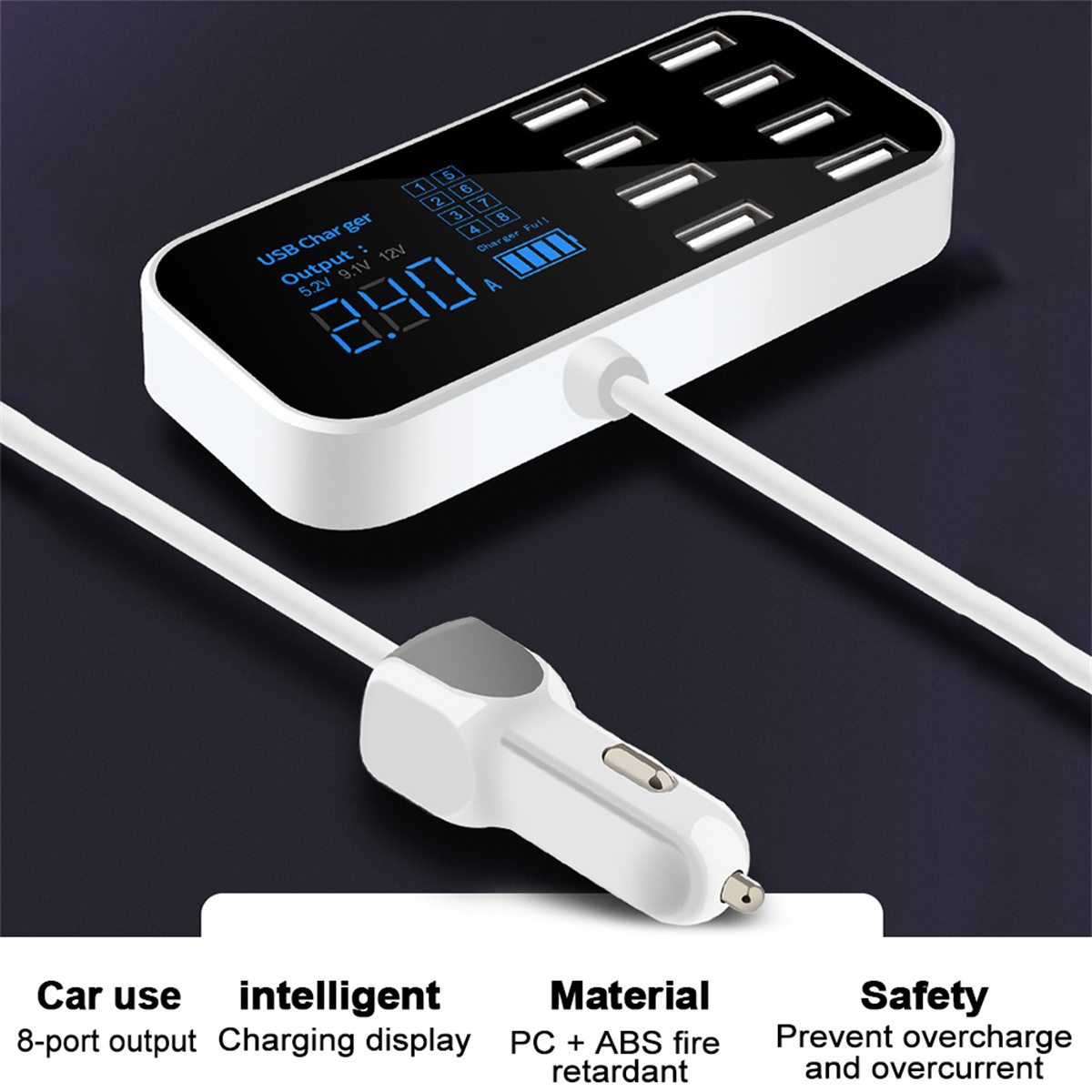 Weißes USB-Ladegerät mit 8 Anschlüssen und Digitalanzeige, Kabel an Kfz-Netzteil angeschlossen.