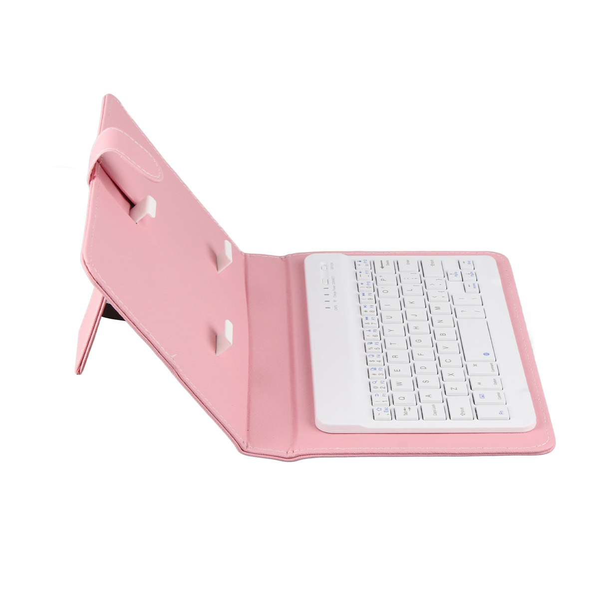 Rosa Tablet-Hülle mit weißer Tastatur. Es ist offen. Der Hintergrund ist weiß.