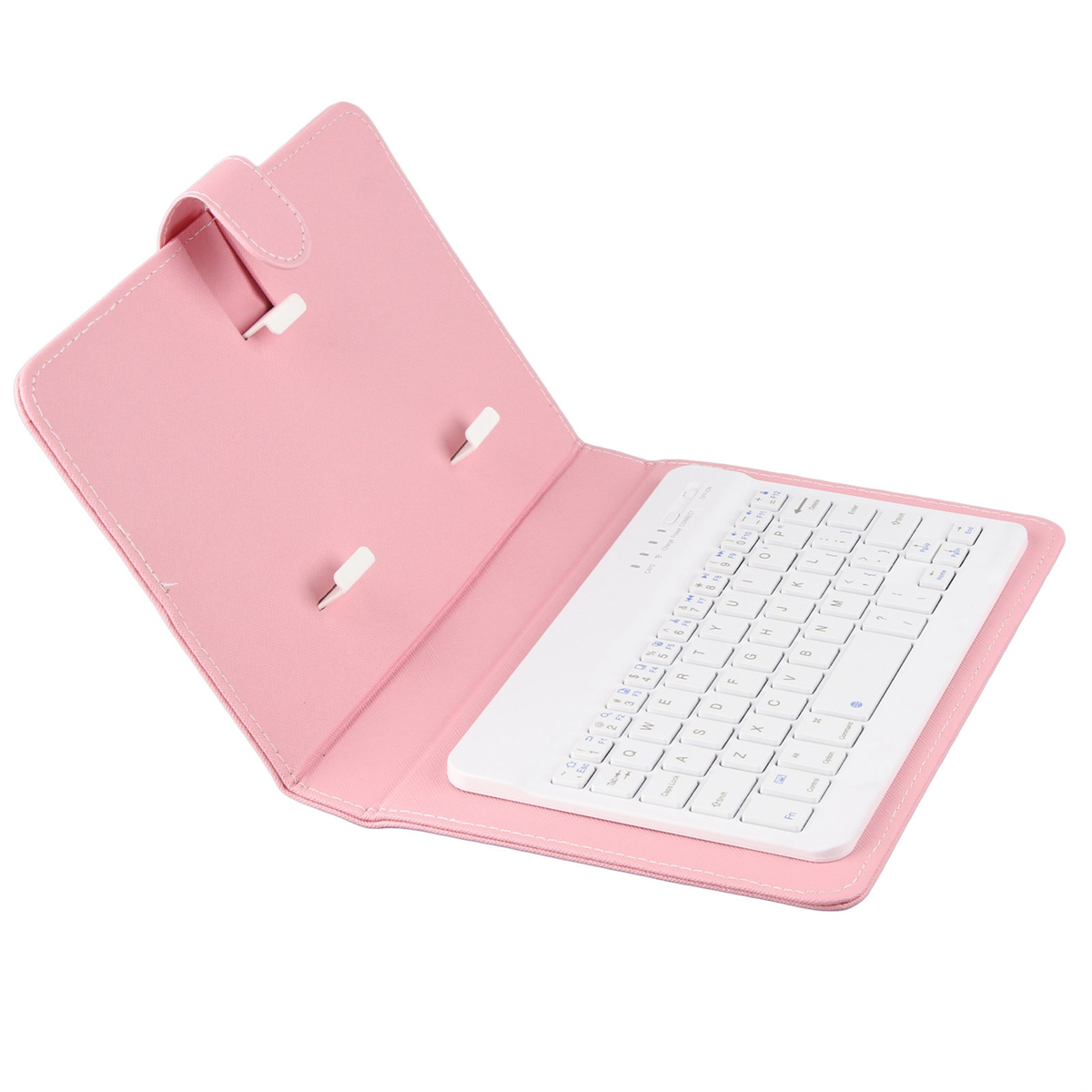 Rosa Tablethülle mit weißer Tastatur, offen auf weißer Oberfläche.
