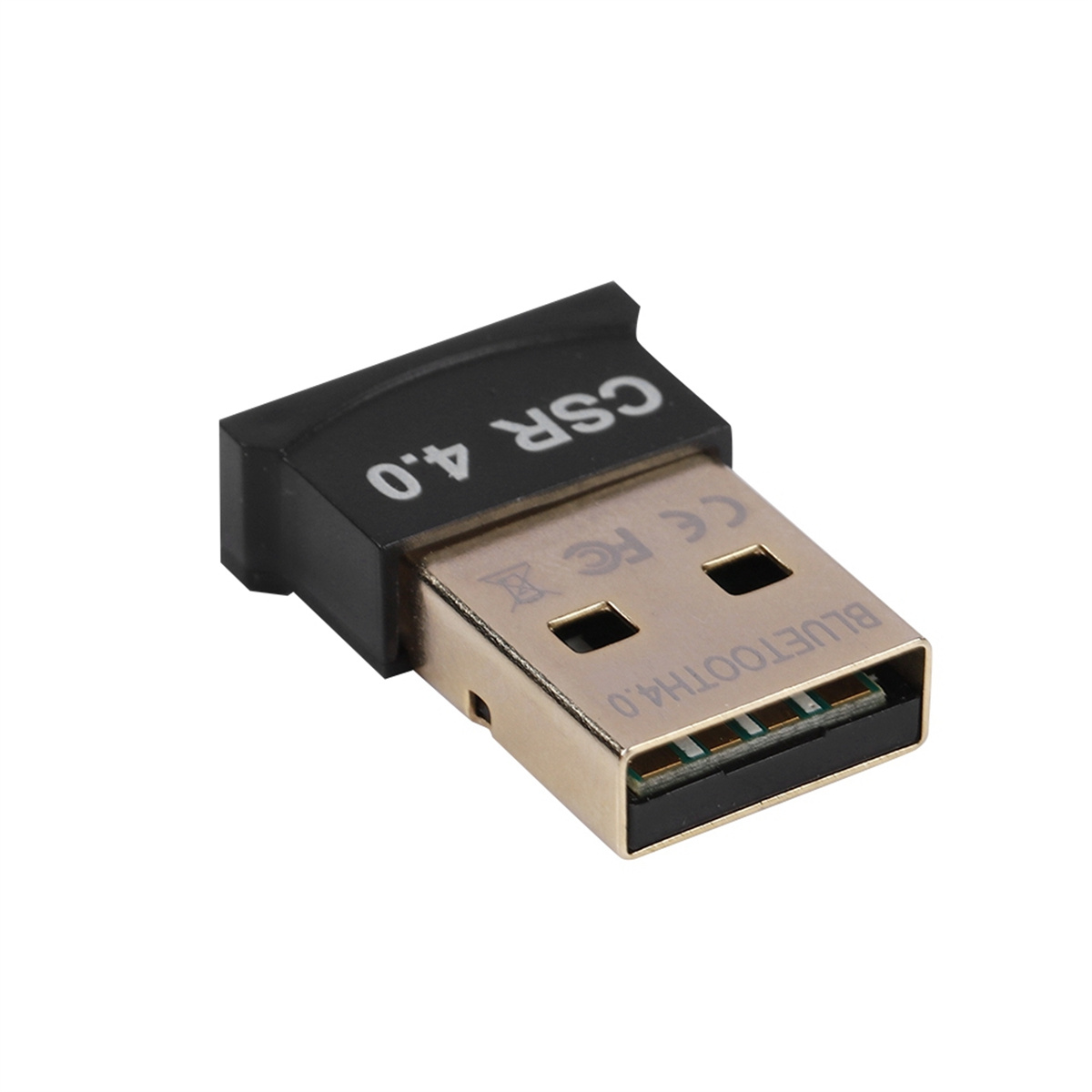Schwarzer und goldfarbener USB-Bluetooth-Adapter. Verfügt über einen USB-Anschluss und ist mit 'CSR 4.0' beschriftet.