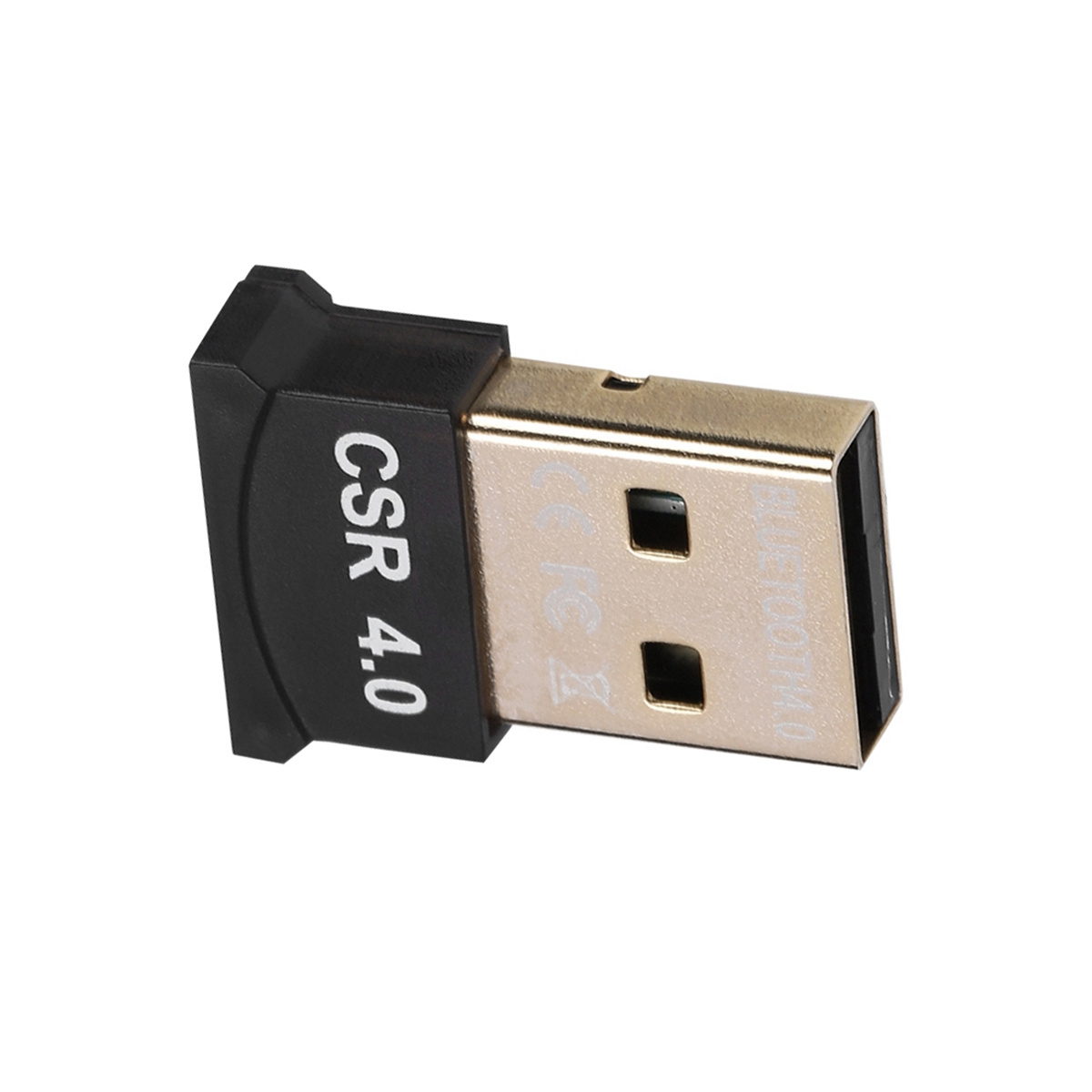 Schwarzer USB-Bluetooth-Adapter mit goldfarbenem USB-Anschluss. Auf dem Adapter steht 'CSR 4.0'.