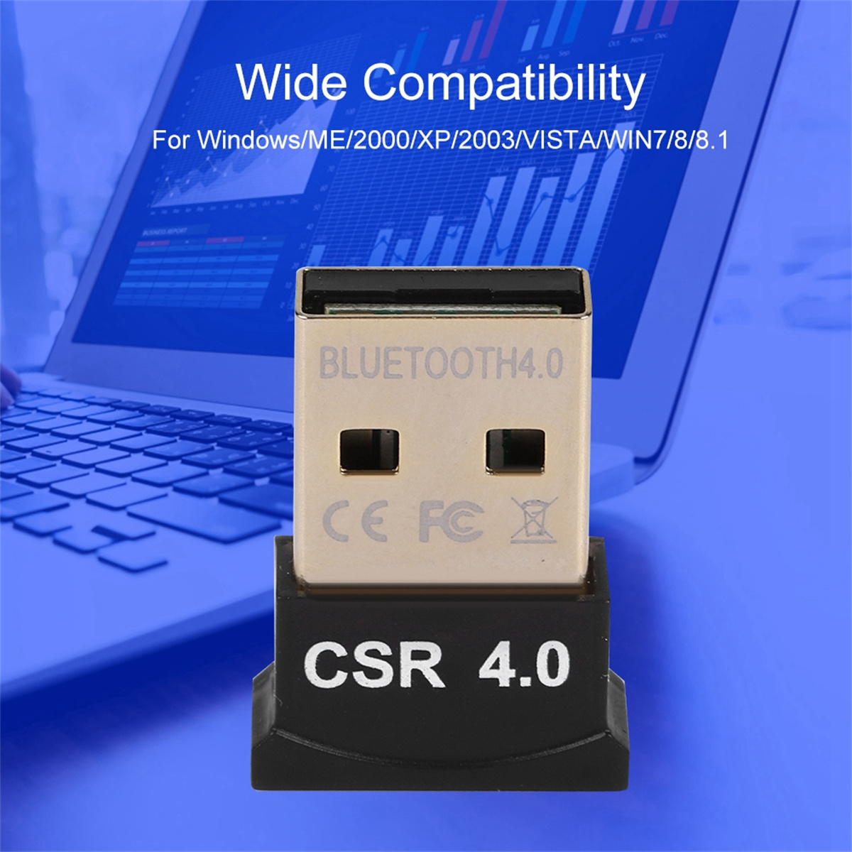 Ein goldfarbener USB-Bluetooth-Adapter mit dem Text 'CSR 4.0' und 'BLUETOOTH4.0' auf der Vorderseite.