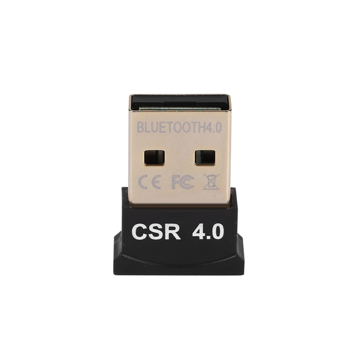 Schwarzer USB-Adapter mit der Aufschrift 'BLUETOOTH4.0' und 'CSR 4.0', vor weißem Hintergrund.