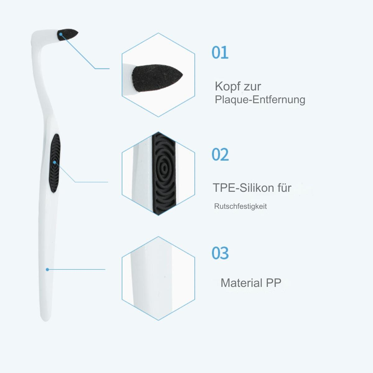 Ein weißes Dentalwerkzeug mit schwarzer Spitze. Das Werkzeug wird mit beschrifteten Abschnitten für Details angezeigt.