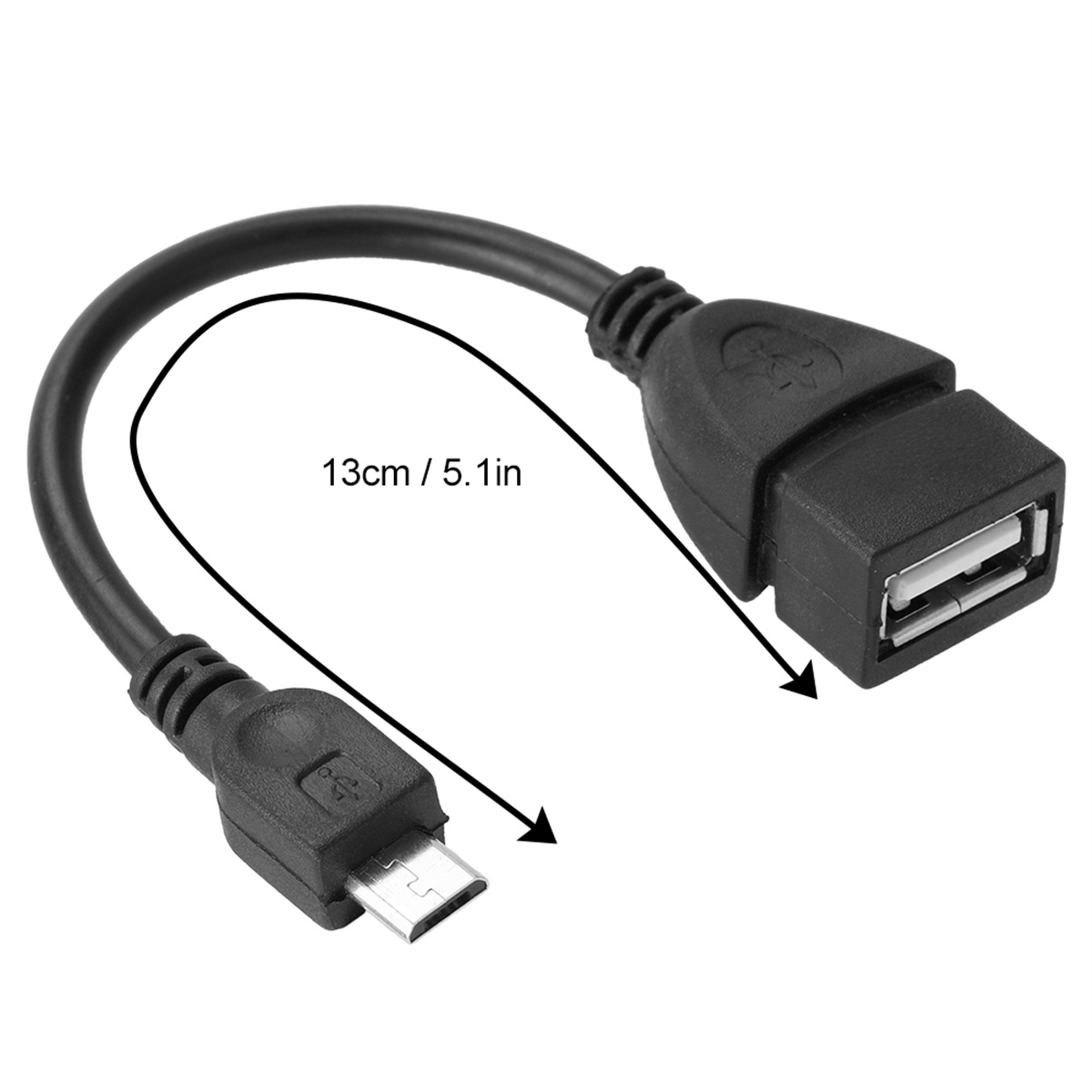 Schwarzes USB-Adapterkabel: Micro-USB auf USB-A, mit 13cm Längenangabe.