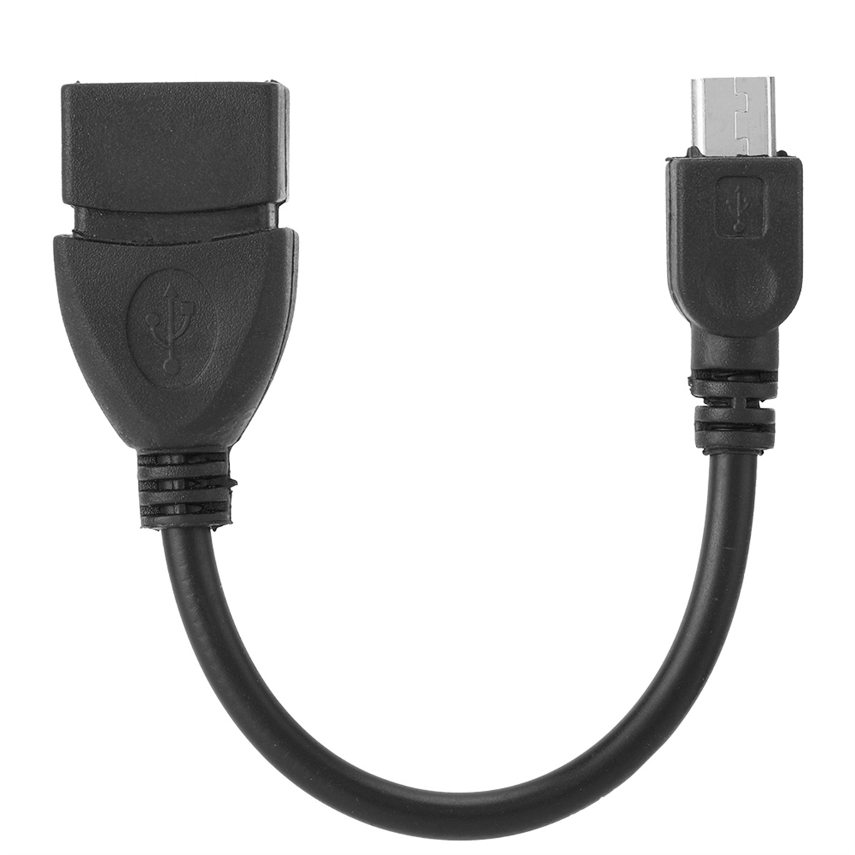 Schwarzer USB-zu-Micro-USB-Adapter. USB-A an einem Ende, Micro-USB am anderen, verbunden durch ein kurzes Kabel.