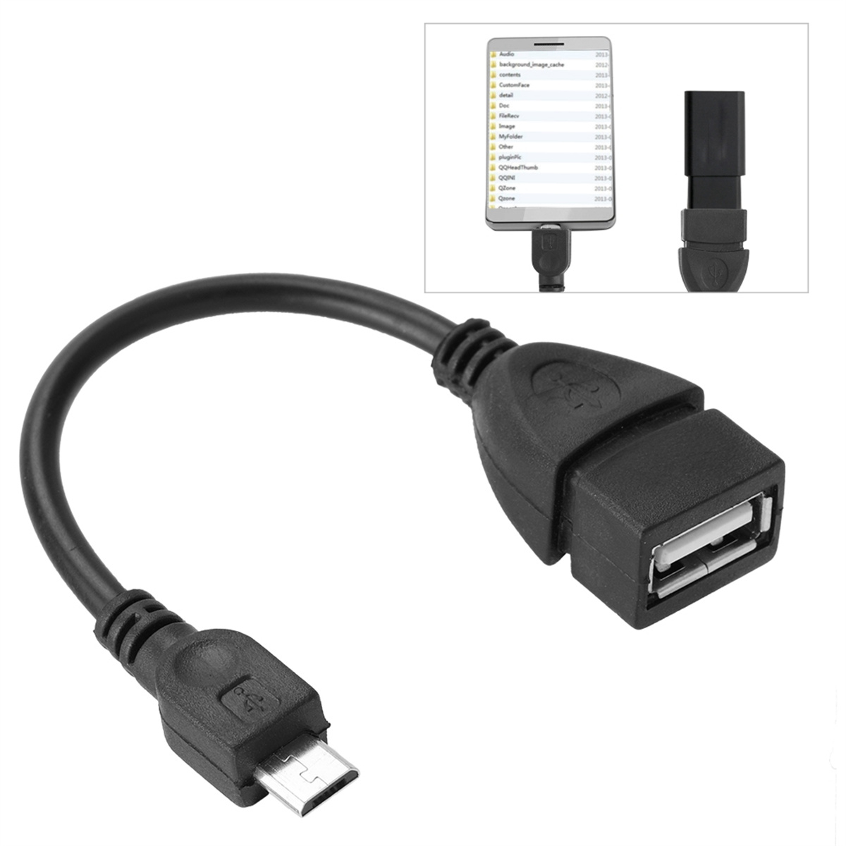 Schwarzes USB-zu-Micro-USB-Kabel mit einem schwarzen USB-Adapter, der mit einem Smartphone verbunden ist.