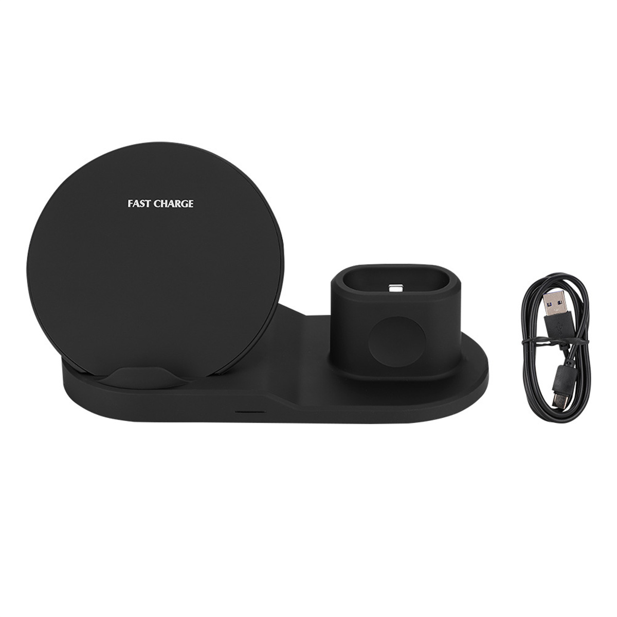Eine schwarze Ladestation für Telefon und Uhr. Sie hat ein rundes Ladepad und einen Uhrenständer.