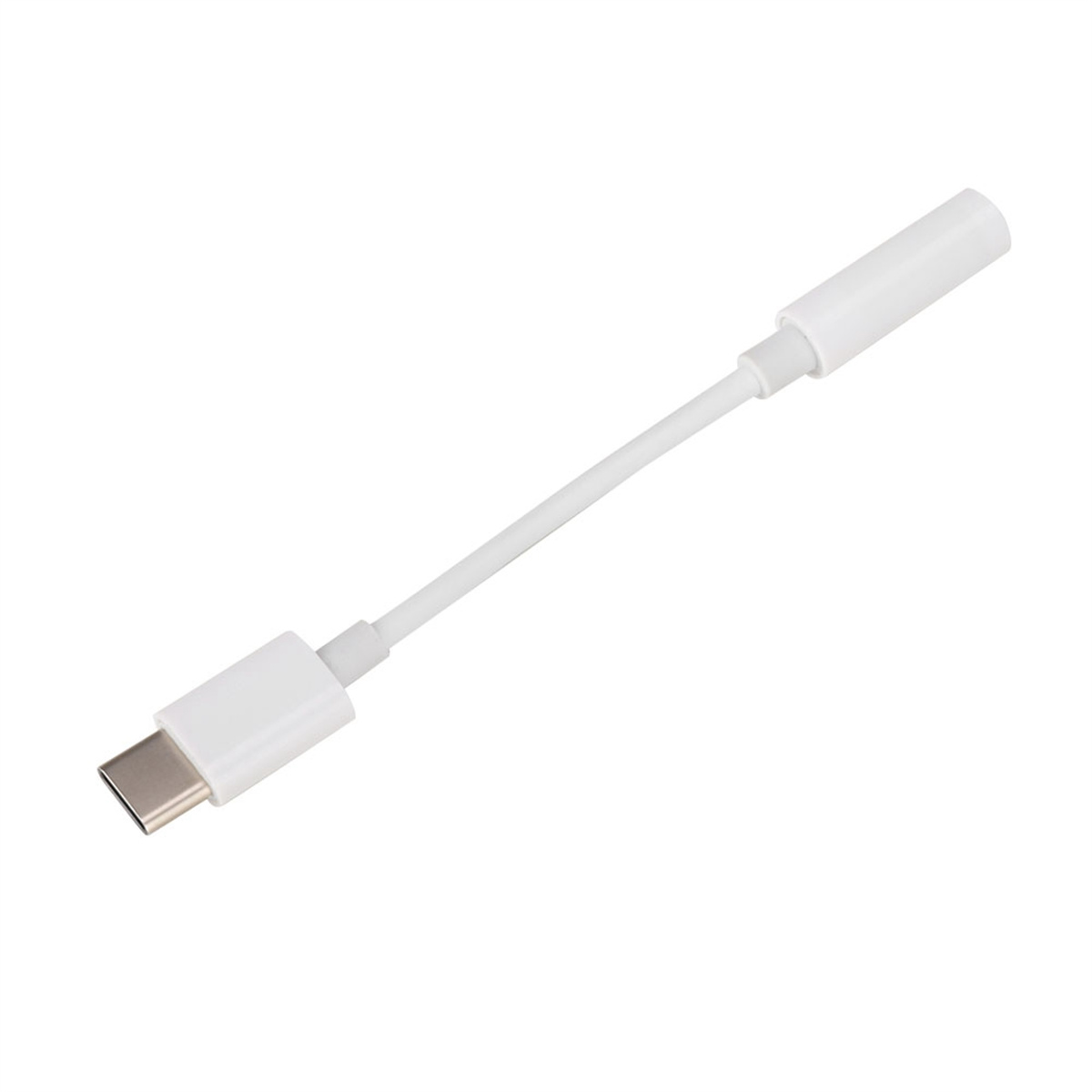 Weißes USB-C-auf-3,5-mm-Audio-Adapterkabel, liegt auf weißer Oberfläche.