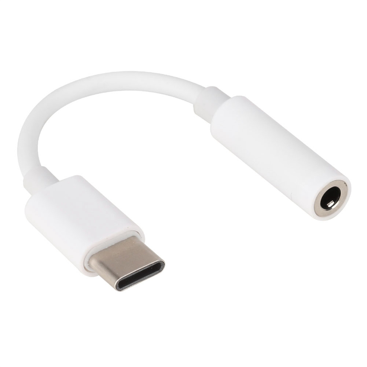 Weißer USB-C-zu-3,5-mm-Kopfhöreranschluss-Adapter, isoliert auf weißem Hintergrund.