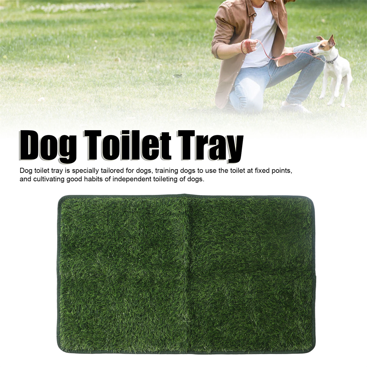 Eine grüne Hundetoilettenschale liegt auf dem Boden, im Hintergrund eine Person und ein Hund auf Gras.