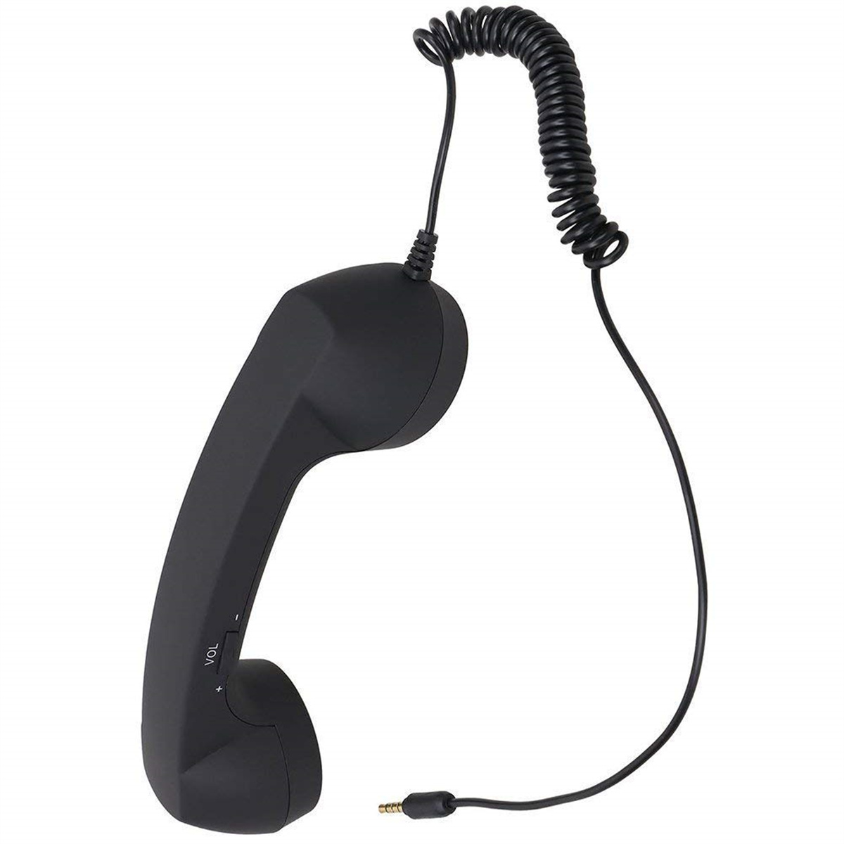 Schwarzer Retro-Telefonhörer mit Spiralkabel und Stecker.