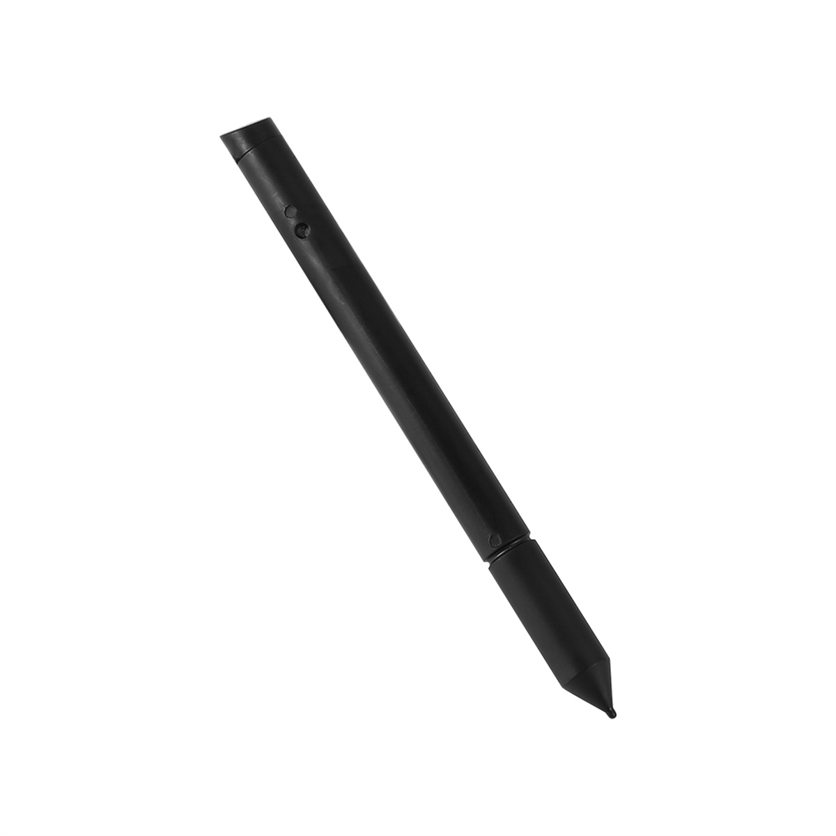 Schwarzer stiftartiger Stylus mit zylindrischem Körper und spitzer Spitze, isoliert vor weißem Hintergrund.