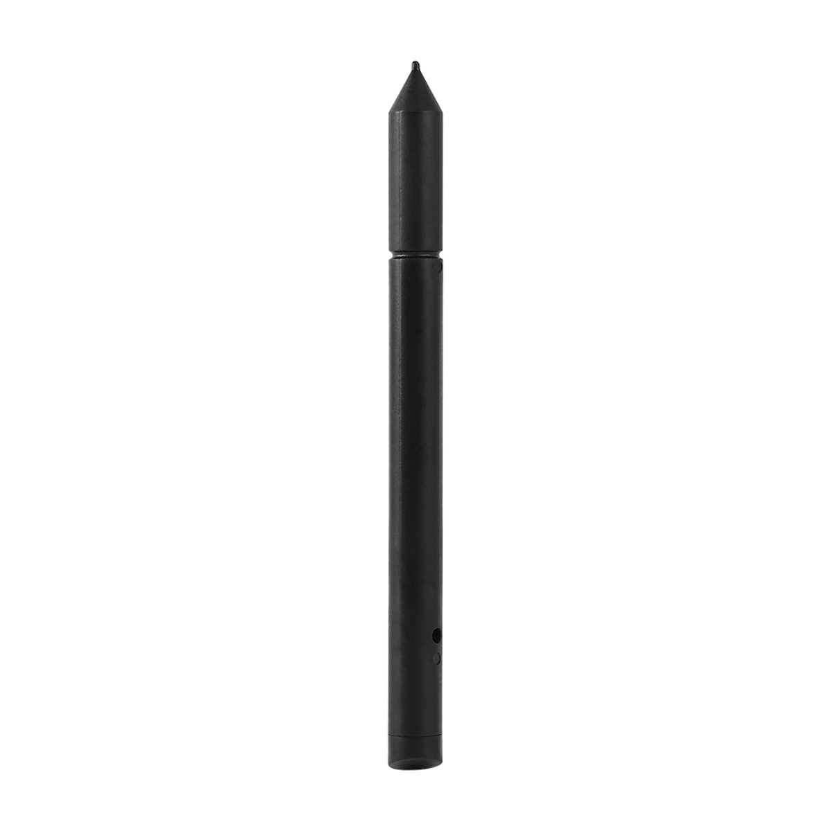 Ein schwarzer Stift. Er ist zylindrisch und hat eine Spitze und ein kleines Loch an der Seite.