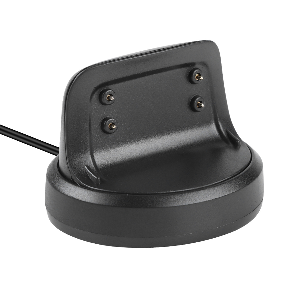 Schwarze Ladestation für eine Smartwatch, mit drei goldfarbenen Ladestiften.