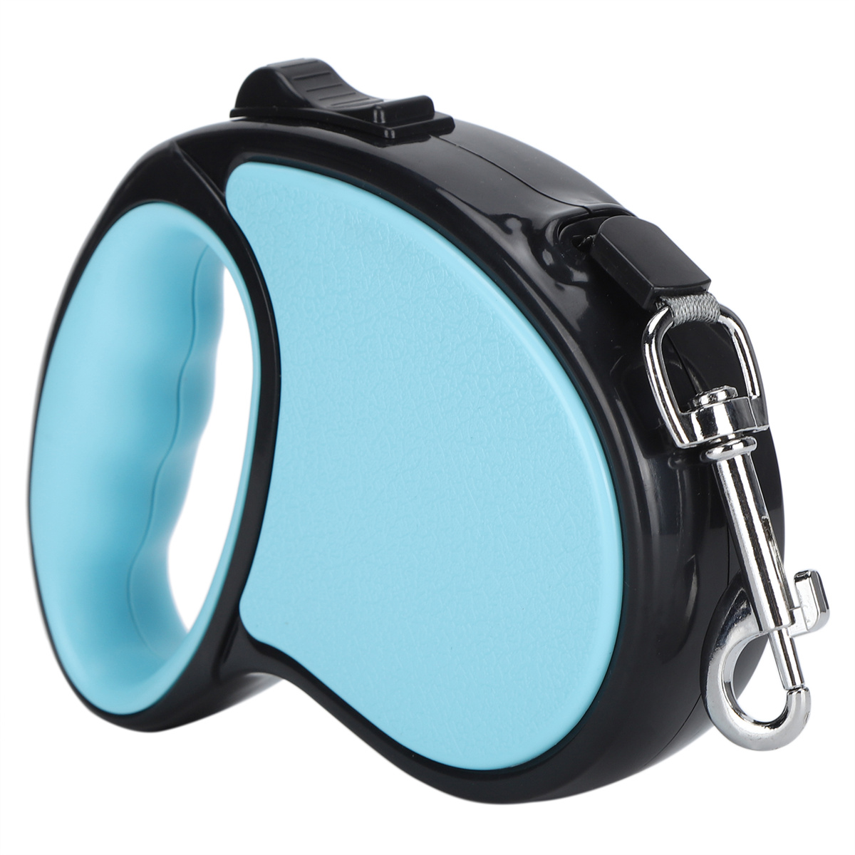Schwarze und blaue einziehbare Hundeleine mit Griff und Metallclip.