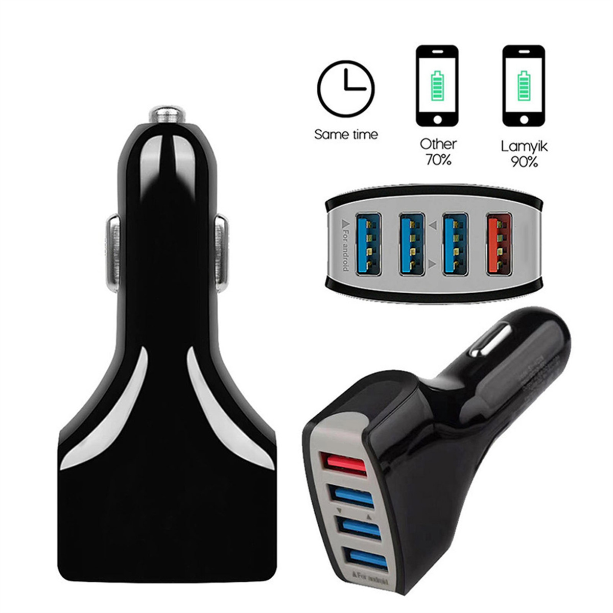 Schwarzes Autoladegerät mit mehreren USB-Anschlüssen und Vergleich der Ladegeschwindigkeit.