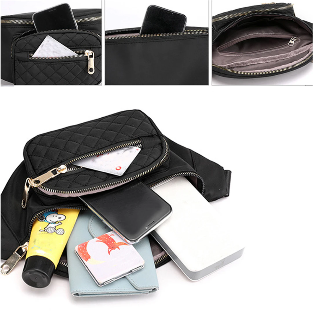 Schwarze Bauchtasche mit Telefon, Karte und anderen Gegenständen. Reißverschlusstaschen sichtbar.