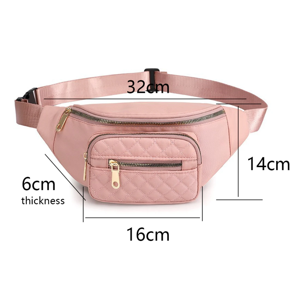 Eine pinke Bauchtasche mit einer gesteppten Vordertasche, 32cm breit und 14cm hoch.