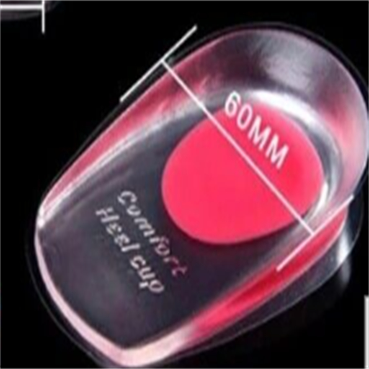 Transparenter Fersenschutz mit rotem Polster, Text 'Comfort Heel cup' und dunklem Hintergrund.