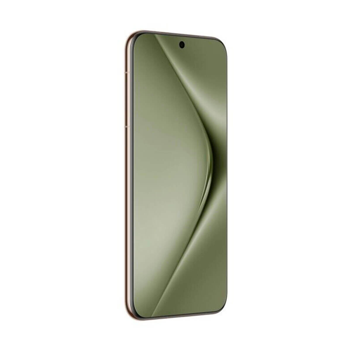 Ein Smartphone mit grünem Bildschirm. Das Telefon hat einen goldenen Rahmen und eine Frontkamera.