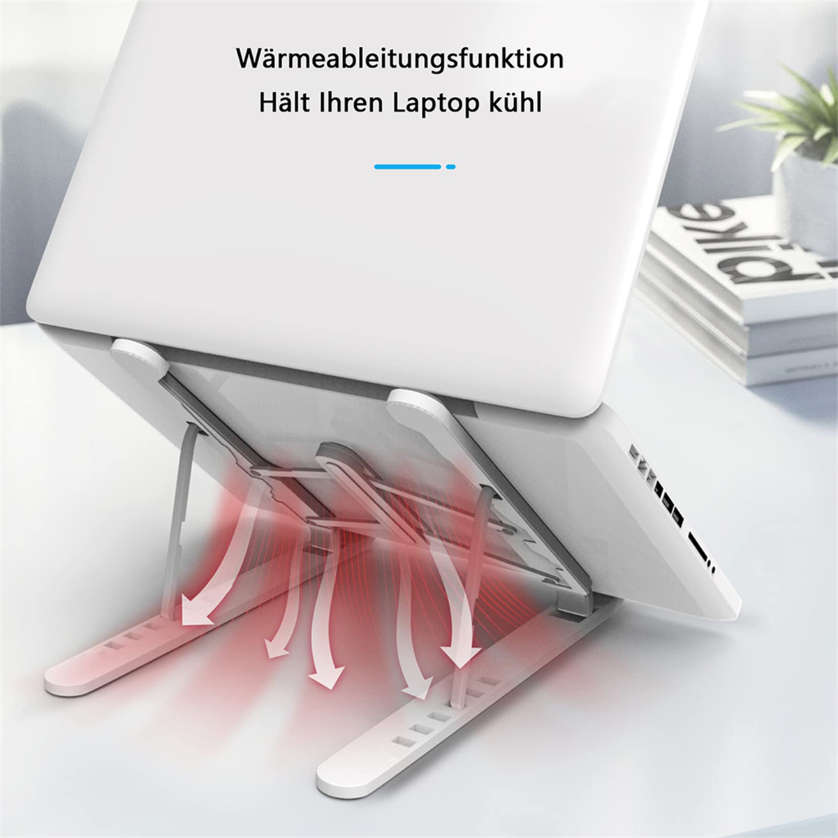 Laptop auf weißem Ständer mit Wärmeableitungspfeilen. Text zeigt Kühlung an.