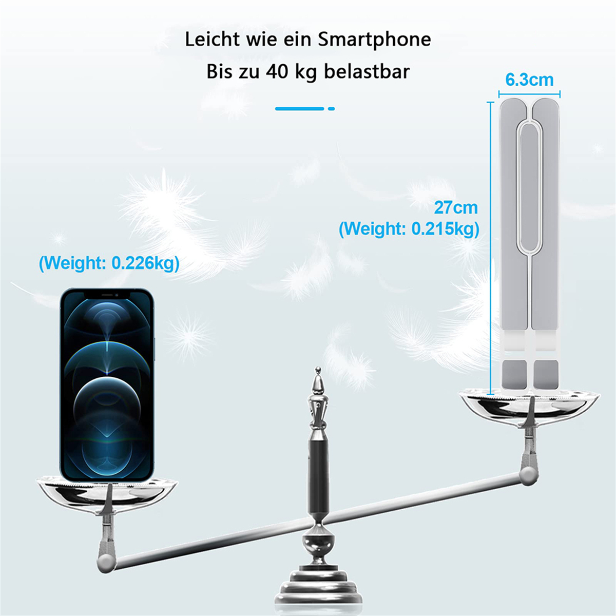 Waage mit Telefon und Telefonständer. Text zeigt Gewicht und Abmessungen an.