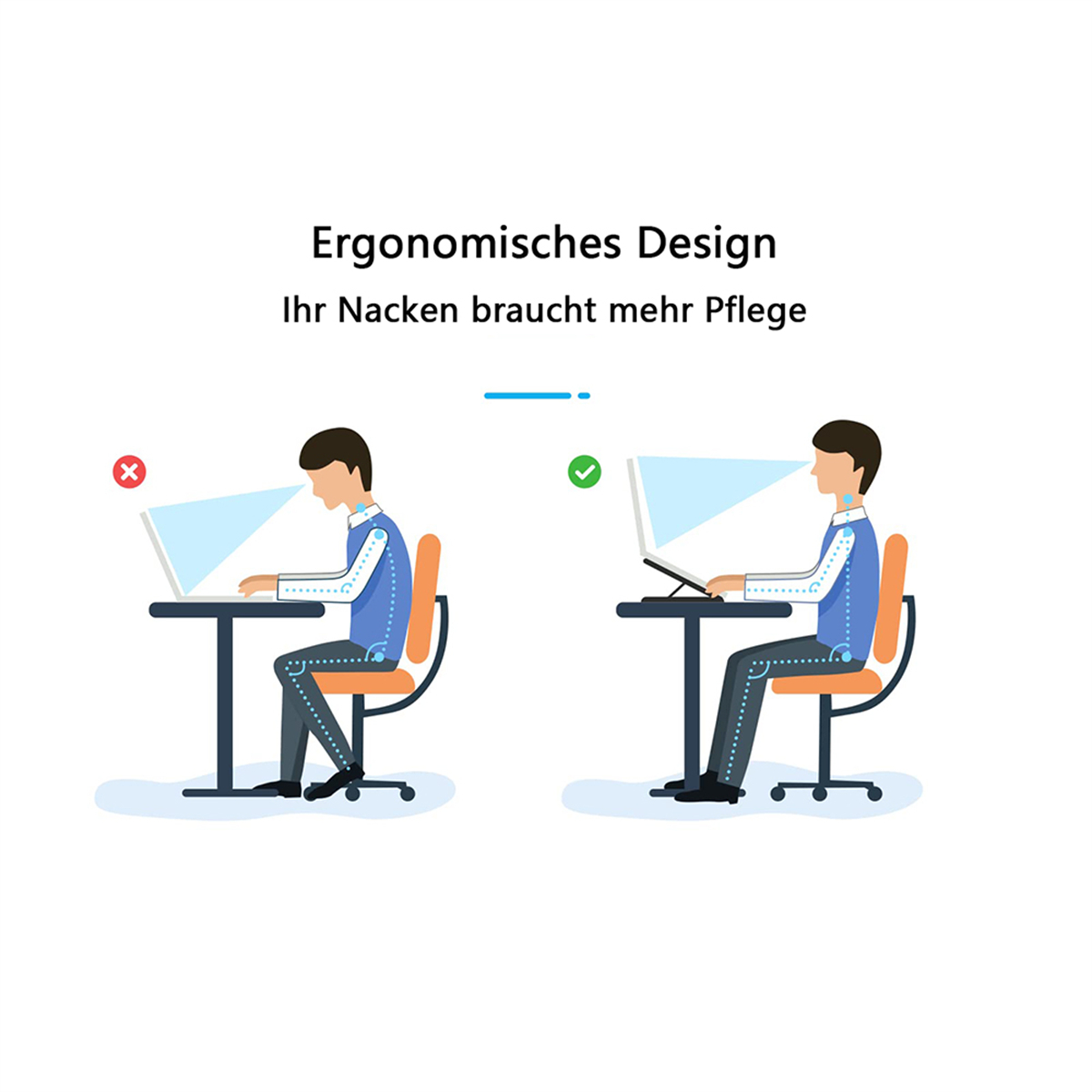 Diagramm zur Veranschaulichung der Körperhaltung. Links: falsche Haltung. Rechts: korrekte Haltung mit Laptopständer.