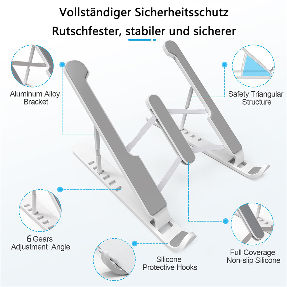 Ein faltbarer Laptop-Ständer mit beschrifteten Funktionen und hervorgehobenen Teilen.