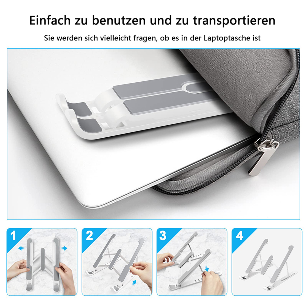 Ein Laptop-Ständer wird zusammengebaut. Die Schritte 1-4 zeigen, wie man den Ständer ausklappt.