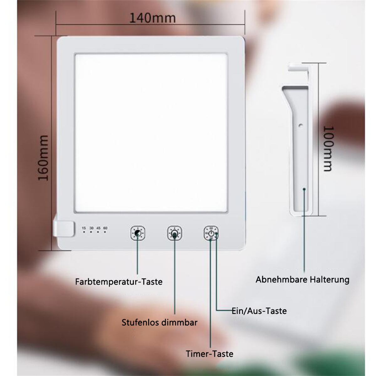 Weißes Lichttherapiegerät. Es hat Knöpfe und Maßangaben.