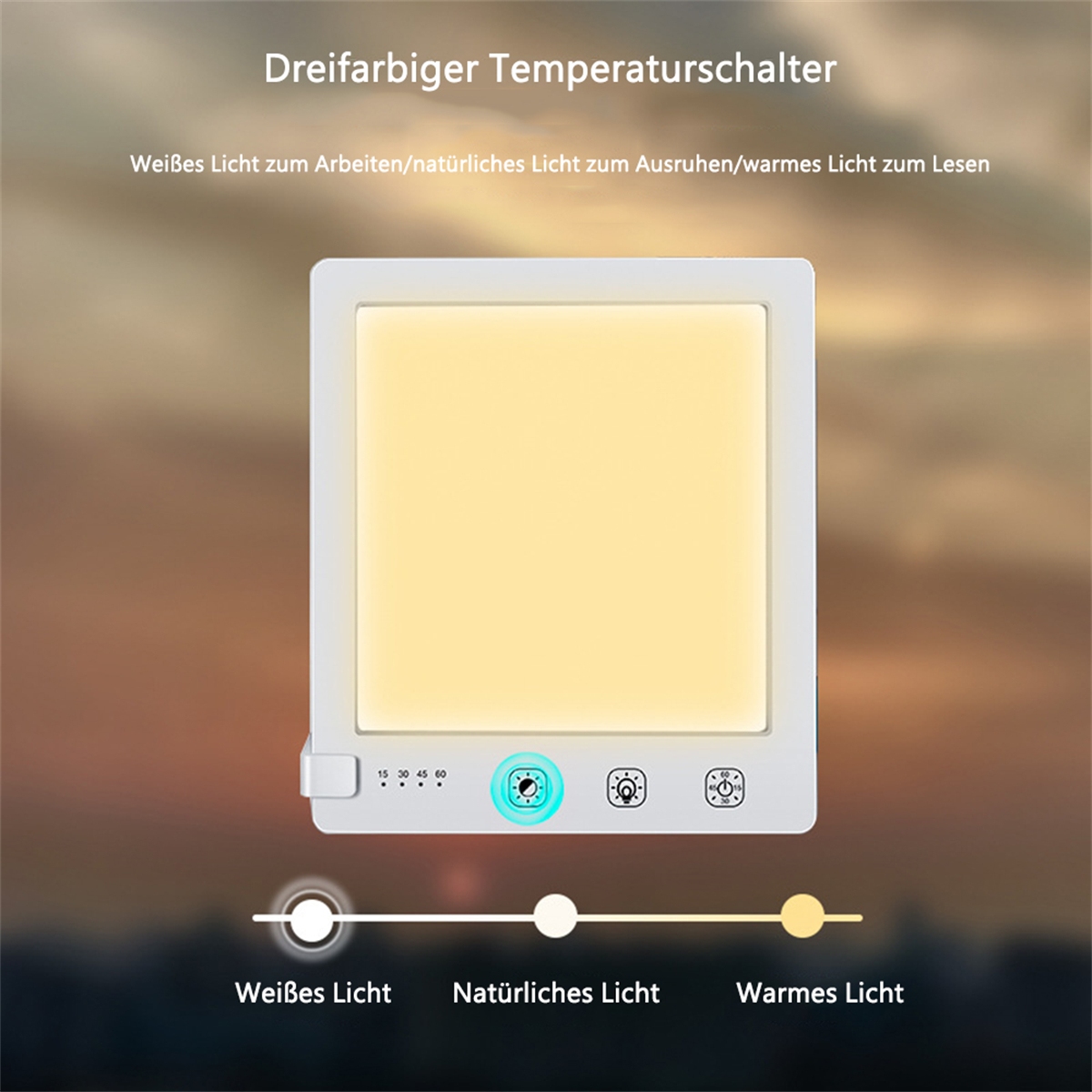 Weißes Lichttherapiegerät. Zeigt drei Lichteinstellungen: weiß, natürlich und warm. Weißer Hintergrund.