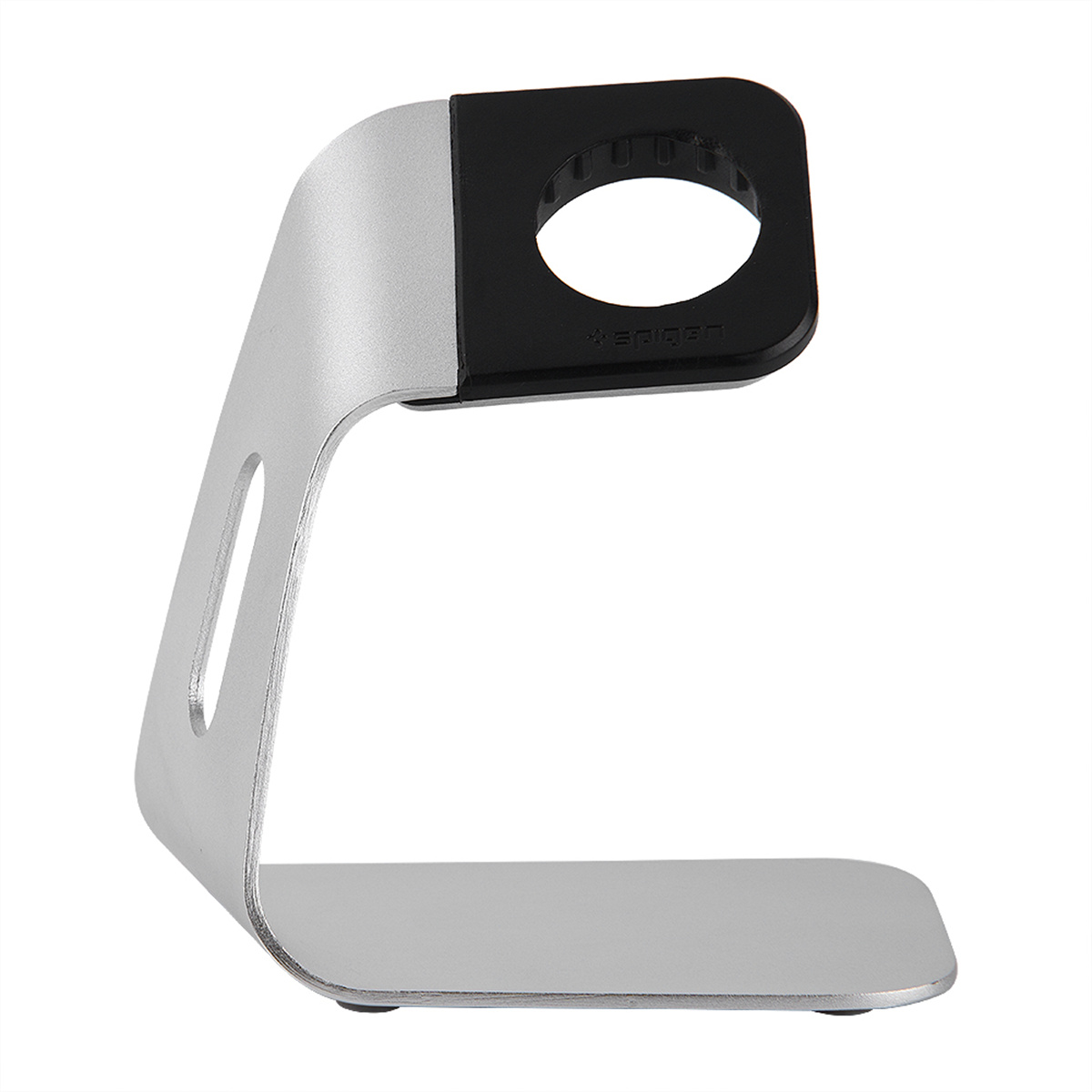 Silberner Uhrenständer mit schwarzem Halter. Gebogenes Design. Weißer Hintergrund.