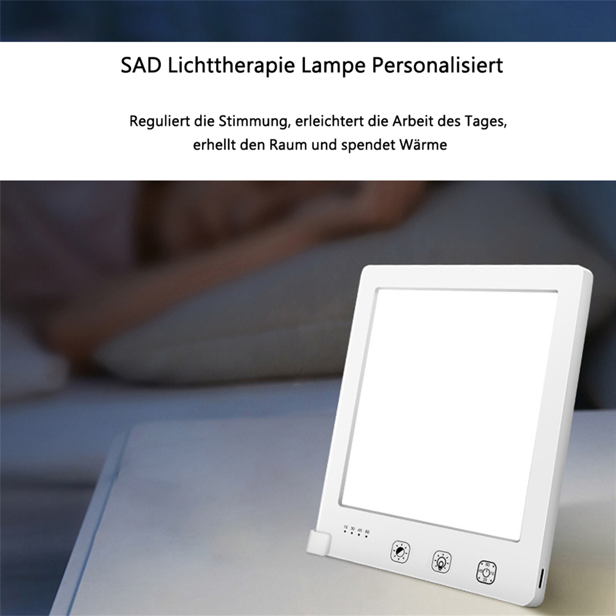 Weiße Lichttherapielampe. Text: Reguliert die Stimmung, erleichtert die Arbeit des Tages, erhellt den Raum und spendet Wärme.