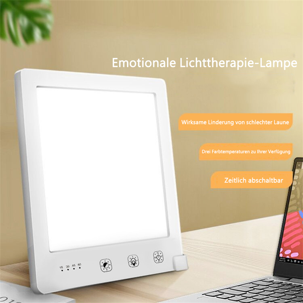 Weiße Lichttherapielampe mit Knöpfen und Laptop. Text weist auf emotionale Lichttherapie-Lampe hin.