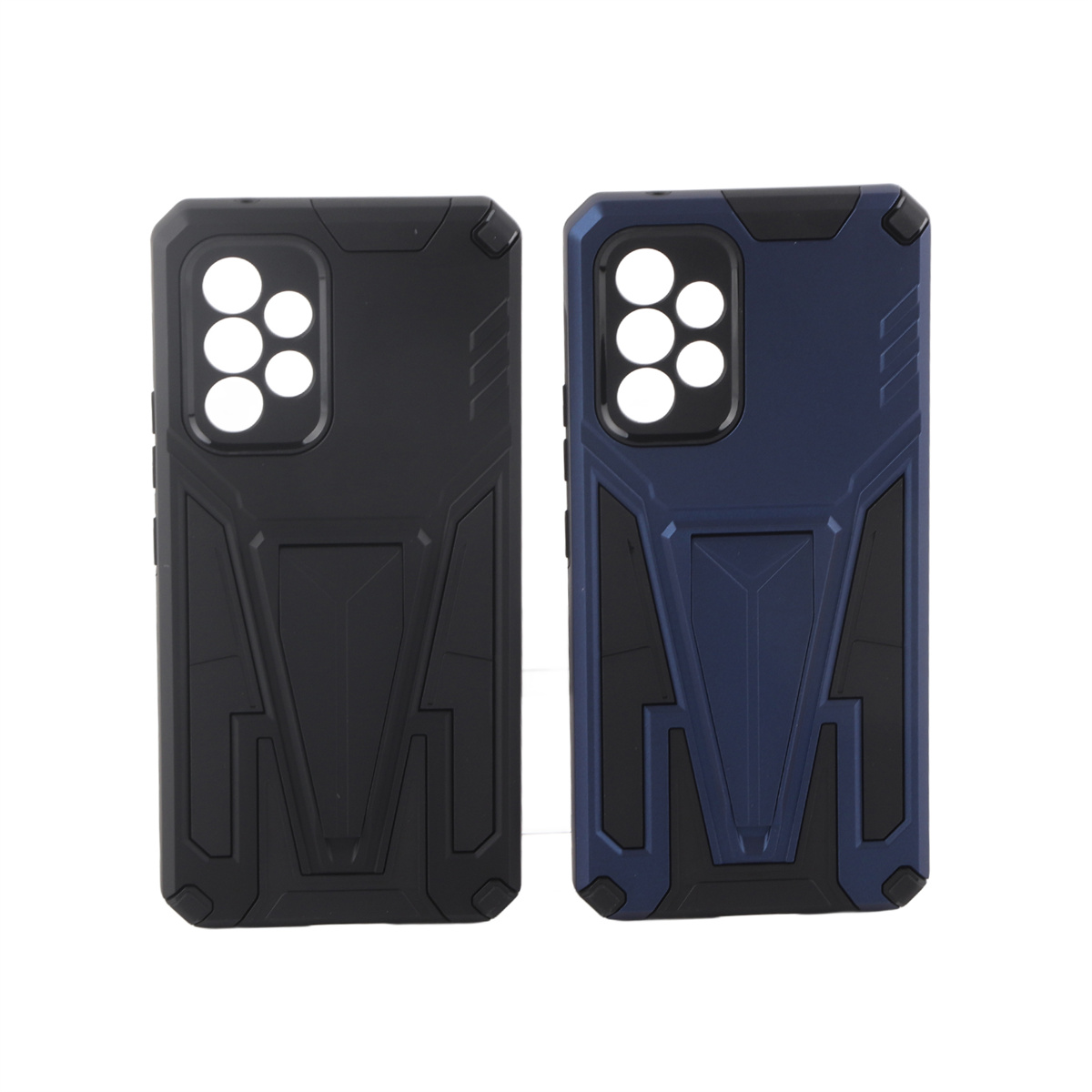 Zwei Handyhüllen, schwarz und blau, mit robustem Design.