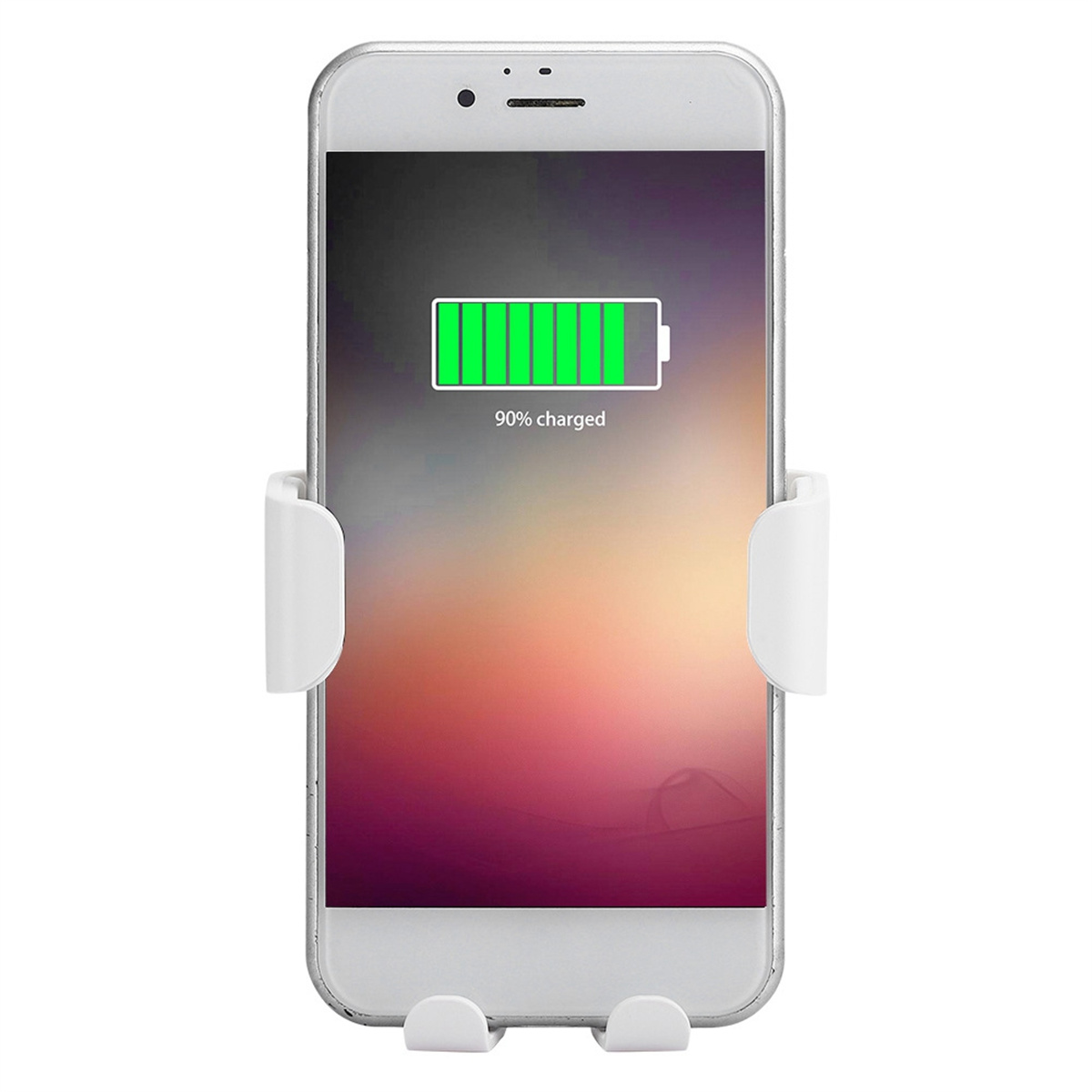 Ein weißer Telefonhalter mit einem Telefon darin. Das Telefon zeigt einen Ladestatus von 90%.