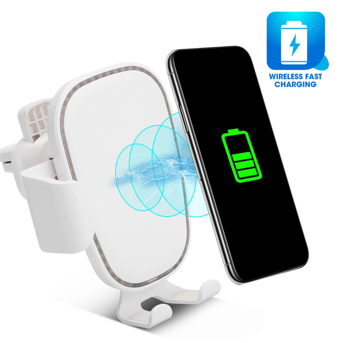 Weißes Telefon lädt auf einem weißen kabellosen Ladepad. Kabelloses Schnellladen ist angezeigt.