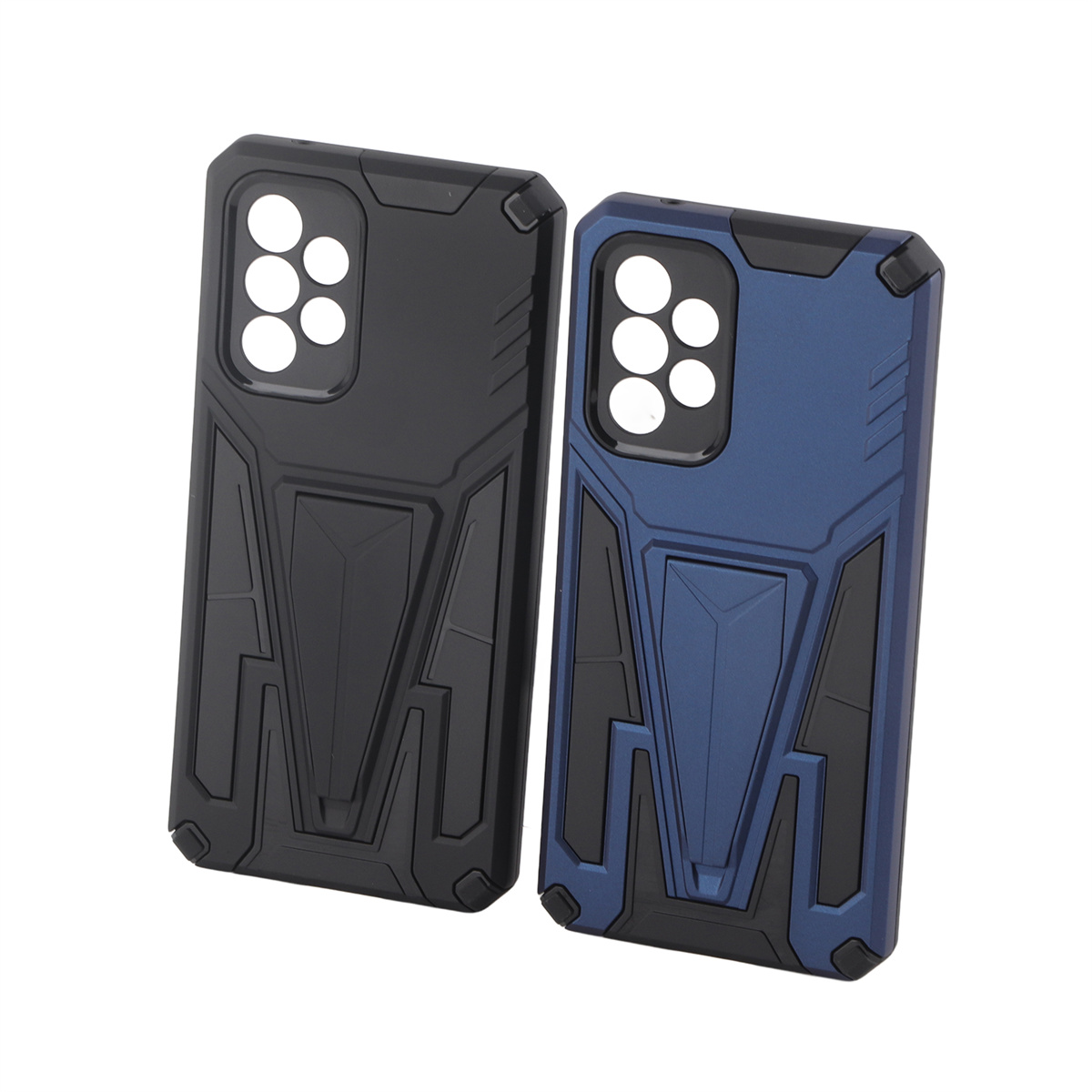 Zwei Handyhüllen, eine schwarze und eine blaue, mit strukturiertem Design und Ständer.