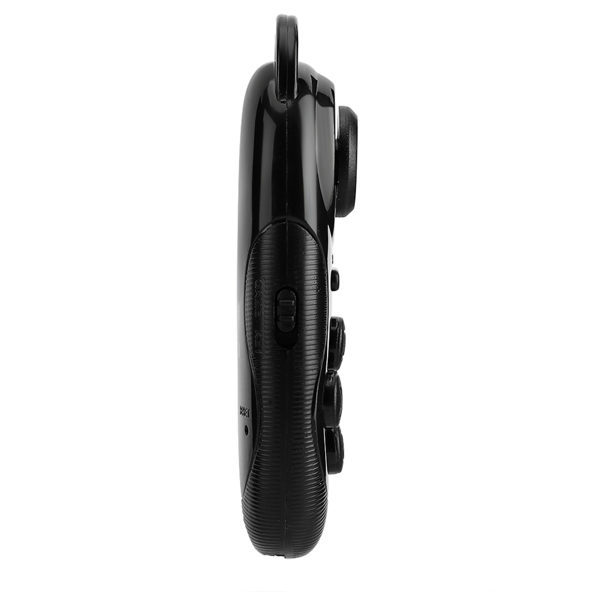 Ein schwarzer Gamecontroller mit Knöpfen und einem Griff. Der Controller ist abgewinkelt und hat eine strukturierte Oberfläche und Knöpfe.