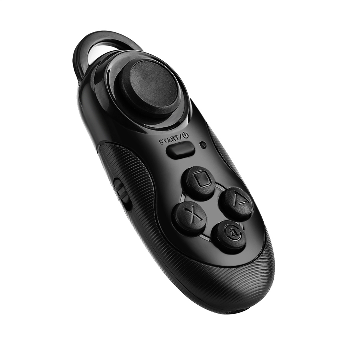 Schwarzer VR-Controller mit Knöpfen und Joystick. Er hat eine Schlaufe und eine Starttaste.