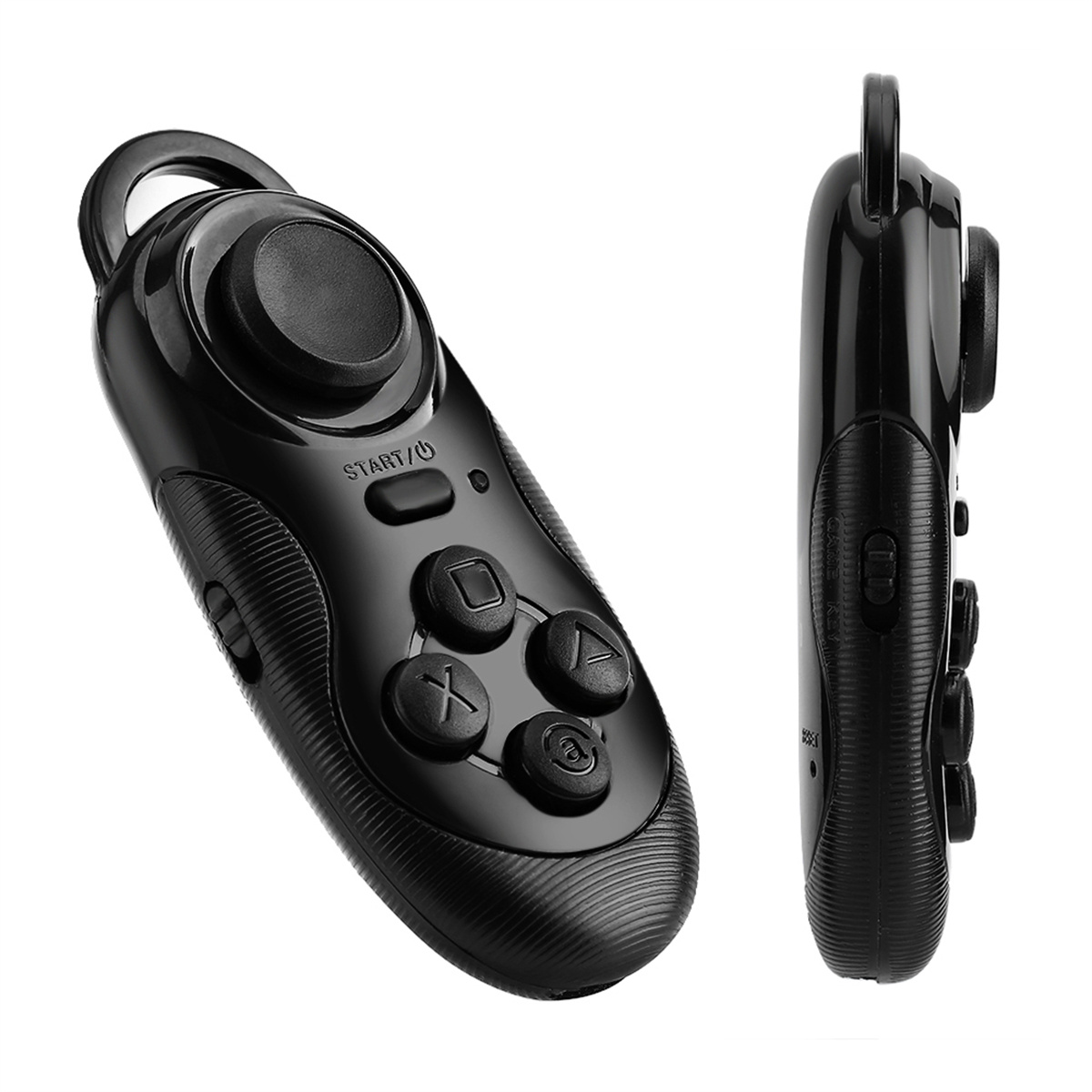 Schwarzer VR-Controller mit Knöpfen und einem Joystick. Zwei Seitenansichten zeigen die Form des Geräts.