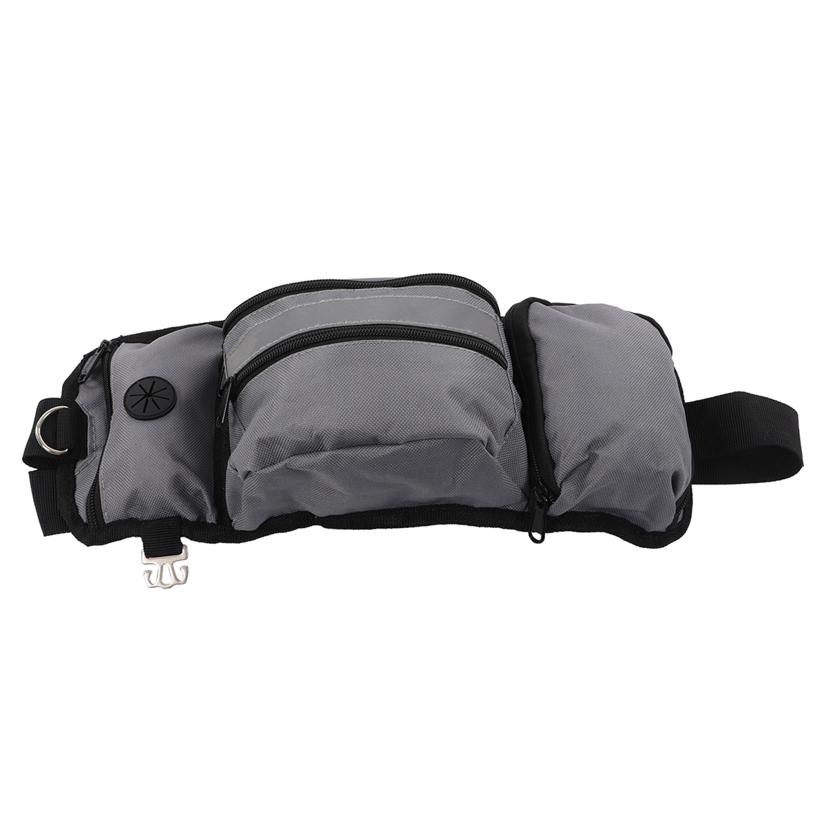 Graue Hundeleckerli-Tasche mit drei Fächern, einem Reflexstreifen und einem schwarzen Kotbeutelspender.
