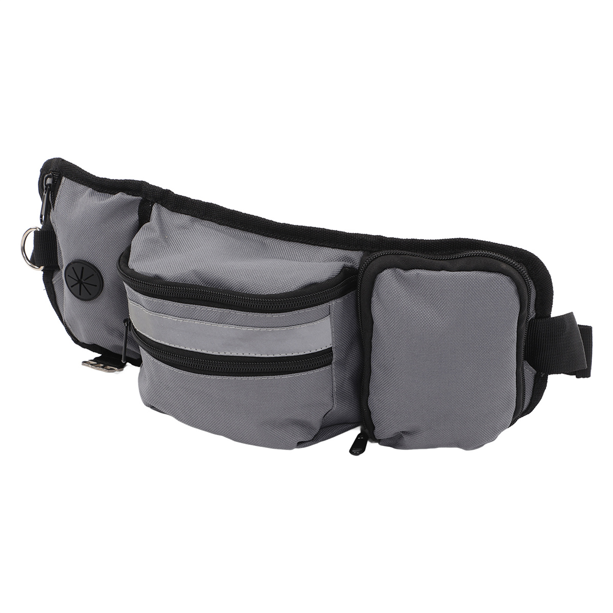 Graue Bauchtasche mit mehreren Reißverschlusstaschen und einem reflektierenden Streifen.