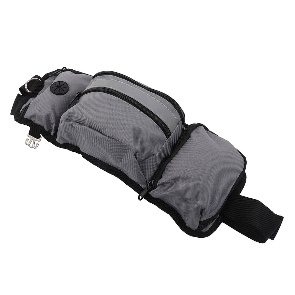 Graue, mehrfach gefächerte Bauchtasche mit schwarzem Riemen.